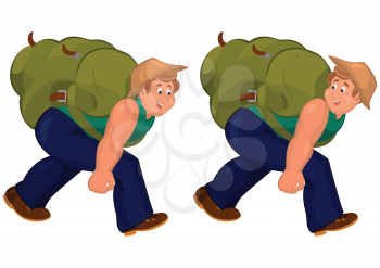 Illustration of two cartoon male characters isolated on white. Happy cartoon man walking with heavy backpack.





