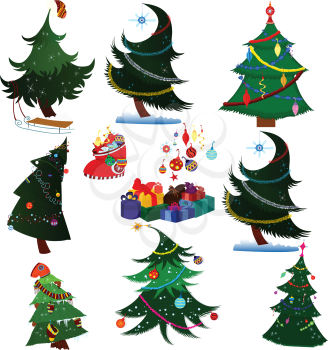 Set of cartoon Christmas trees isolated on white. Cartoon Christmas trees with presents.

