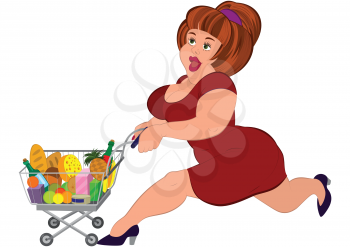 Illustration of cartoon female character isolated on white. Cartoon fat woman in red dress running with grocery cart.





