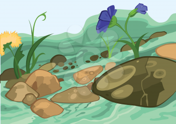Illustration of cartoon landscape. Cartoon flowers and stones.




