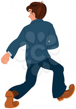 Illustration of cartoon male character isolated on white. Cartoon man in blue jacket and blue pants walking away back view.
