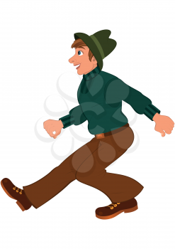 Illustration of cartoon male character isolated on white. Cartoon man in green sweater brown pants and green hat walking.




