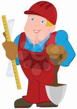 Illustration of cartoon male character. Cartoon man in red constrictor uniform and with spade.





