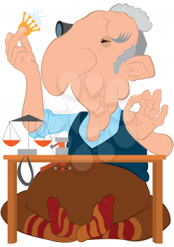 Illustration of cartoon male character. Cartoon old jeweler looking on the diamond in his hand.





