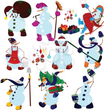 Set of cartoon snowman characters isolated on white. Cartoon snowman set.
