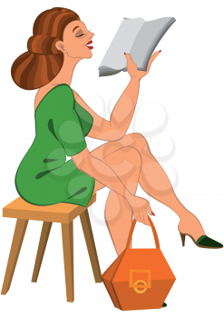 Illustration of cartoon female character isolated on white. Cartoon woman in green dress and orange bag reading.




