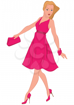 Illustration of cartoon female character isolated on white. Cartoon woman in pink dress walking.





