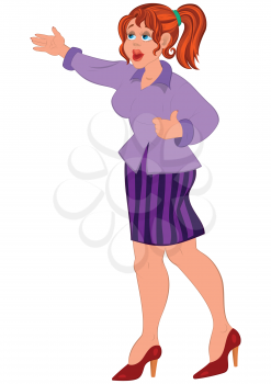 illustration of cartoon female character isolated on white. Cartoon woman in purple shirt and striped skirt.




