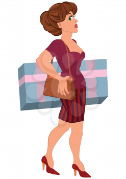 Illustration of cartoon female character isolated on white. Cartoon woman with big box in striped skirt.




