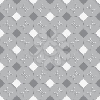 Seamless abstract background of white 3d shapes with realistic shadow and cut out of paper effect. Geometrical ornament with gray and white squares on gray.
