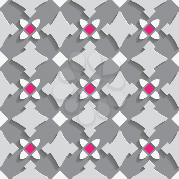 Seamless abstract background of white 3d shapes with realistic shadow and cut out of paper effect. Geometrical ornament with shades of gray and pink squares.

