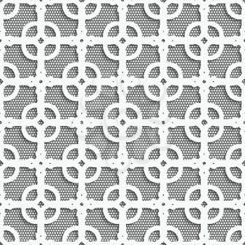 Seamless abstract background of white 3d shapes with realistic shadow and cut out of paper effect. Geometrical ornament with white dots texture.

