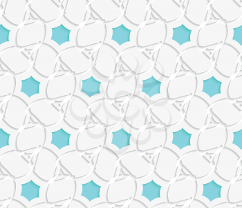 Seamless abstract background of white 3d shapes with realistic shadow and cut out of paper effect. White 3d perforated layered with blue hexagons ornament.
