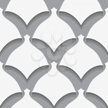 Seamless abstract background of white 3d shapes with realistic shadow and cut out of paper effect. White simple shapes on gray pattern.
