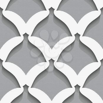Seamless abstract background of white 3d shapes with realistic shadow and cut out of paper effect. White simple shapes on gray textured pattern.

