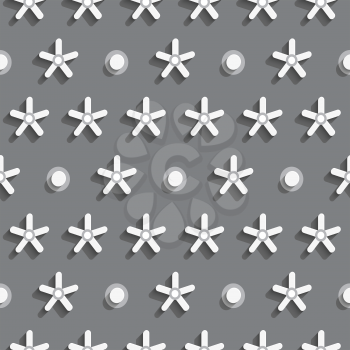 Seamless abstract background of white 3d shapes with realistic shadow and cut out of paper effect. White small snowflake shapes with dots on gray pattern.


