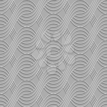 Seamless geometric background. Modern monochrome 3D texture. Pattern with realistic shadow and cut out of paper effect.3D striped interlocking waves on gray.