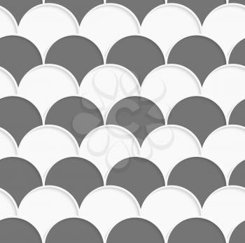 Seamless geometric background. Modern monochrome 3D texture. Pattern with realistic shadow and cut out of paper effect.3D white and gray overlapping half circles in rows.