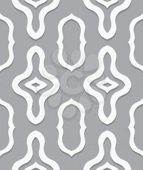 Seamless geometric background. Modern monochrome 3D texture. Pattern with realistic shadow and cut out of paper effect.3D white ornament on gray.