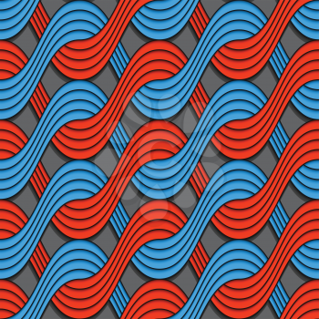 Seamless geometric background. Modern 3D texture. Pattern with realistic shadow and cut out of paper effect.Red and blue embossed interlocking wavy lines.