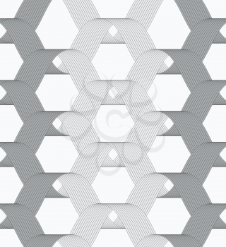 Seamless geometric background. Modern monochrome ribbon like ornament. Pattern with textured ribbons.Ribbons gray shades overlapping grid pattern.