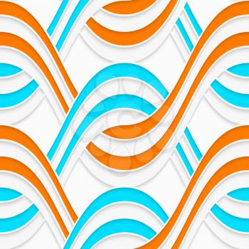 Seamless geometric background. Modern 3D texture. Pattern with realistic shadow and cut out of paper effect.White embossed interlocking waves with blue and orange.