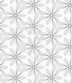 Abstract geometric background. Seamless flat monochrome pattern. Simple design.Slim gray hatched small trefoils and wavy triangles.