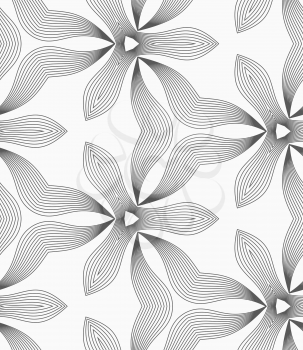 Abstract geometric background. Seamless flat monochrome pattern. Simple design.Slim gray hatched trefoils and wavy triangles.