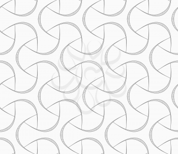 Abstract geometric background. Seamless flat monochrome pattern. Simple design.Slim gray rounded tetrapods with hatched bevel.