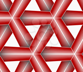 Seamless geometric background. Pattern with realistic shadow and cut out of paper effect.Colored.3D colored red triangular striped grid.