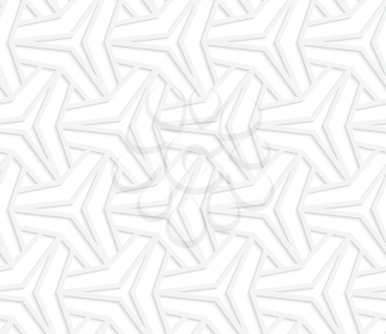 Seamless geometric background. Pattern with realistic shadow and cut out of paper effect.White 3d paper.3D white three ray stars with offset grid.