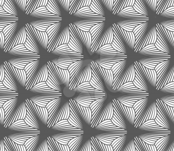 Seamless geometric pattern. Gray abstract geometrical design. Flat monochrome design.Monochrome gradually striped three pedal flowers.