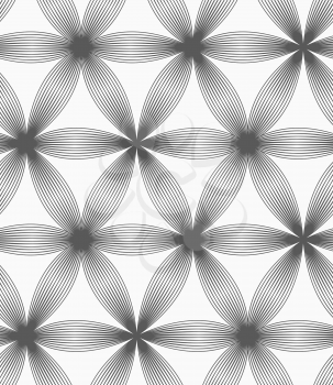 Seamless geometric pattern. Gray abstract geometrical design. Flat monochrome design.Monochrome linear striped six pedal flowers.