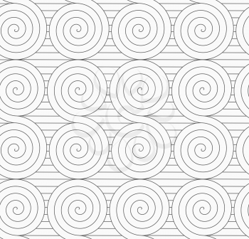Monochrome abstract geometrical pattern. Modern gray seamless background. Flat simple design.Gray touching Archimedean spirals on continues lines.