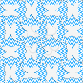 Seamless geometric background. Pattern with realistic shadow and cut out of paper effect.3D wavy striped pin will with blue.