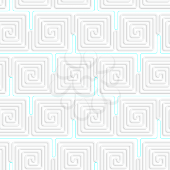 Seamless geometric background. Pattern with realistic shadow and cut out of paper effect.3D white spiral squares with blue.