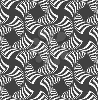 Geometric background with black and white stripes. Seamless monochrome  pattern with zebra effect.Alternating black and white wavy striped crosses.