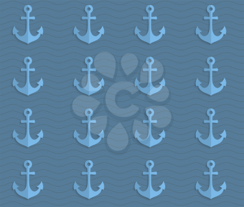 Vintage colored simple seamless pattern. Background with paper fold and 3d realistic shadow.Retro fold blue anchors on waves.