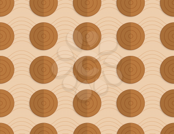 Vintage colored simple seamless pattern. Background with paper fold and 3d realistic shadow.Retro fold brown circles on bulging waves.