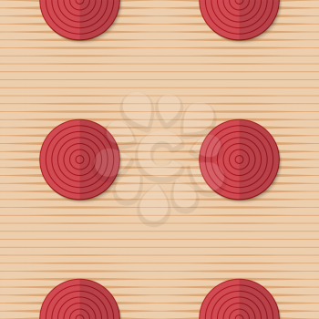 Vintage colored simple seamless pattern. Background with paper fold and 3d realistic shadow.Retro fold red circles on stripes.