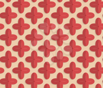 Vintage colored simple seamless pattern. Background with paper fold and 3d realistic shadow.Retro fold red four pedal flowers.