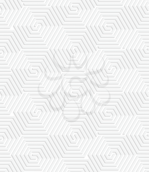 Paper white 3D geometric background. Seamless pattern with realistic shadow and cut out of paper effect.White paper 3D spiral connecting hexagons.