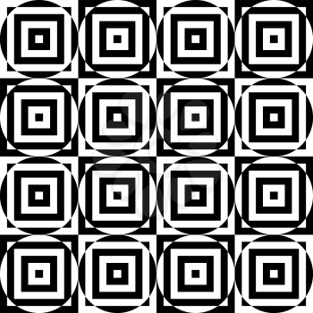 Black and white alternating circles cut through squares.Seamless stylish geometric background. Modern abstract pattern. Flat monochrome design.