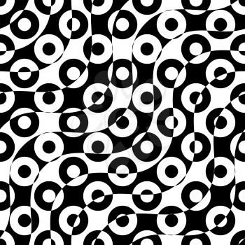 Black and white alternating diagonal waves with donuts.Seamless stylish geometric background. Modern abstract pattern. Flat monochrome design.