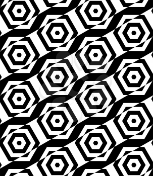 Black and white alternating rectangles cut through hexagons diagonal.Seamless stylish geometric background. Modern abstract pattern. Flat monochrome design.