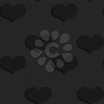 Black textured plastic solid hearts.Seamless abstract geometrical pattern with 3d effect. Background with realistic shadows and layering.