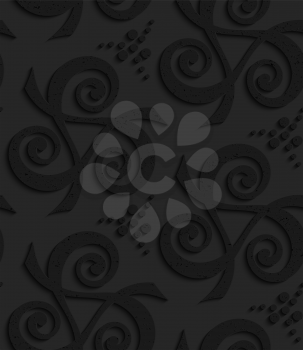 Black textured plastic spirals forming triangles with dots.Seamless abstract geometrical pattern with 3d effect. Background with realistic shadows and layering.