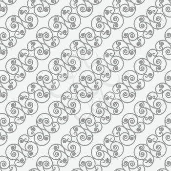 Perforated diagonal spiral flourish shapes small.Seamless geometric background. Modern monochrome 3D texture. Pattern with realistic shadow and cut out of paper effect.