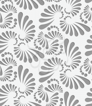 Perforated flourish big and small tear drops thee turn.Seamless geometric background. Modern monochrome 3D texture. Pattern with realistic shadow and cut out of paper effect.