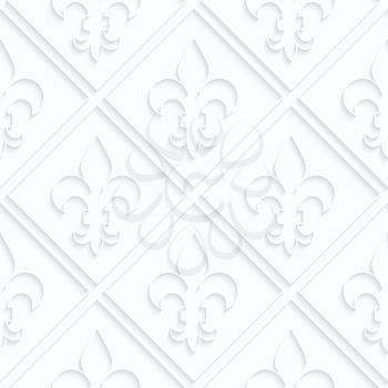 Quilling paper Fleur-de-lis with grid.White geometric background. Seamless pattern. 3d cut out of paper effect with realistic shadow.